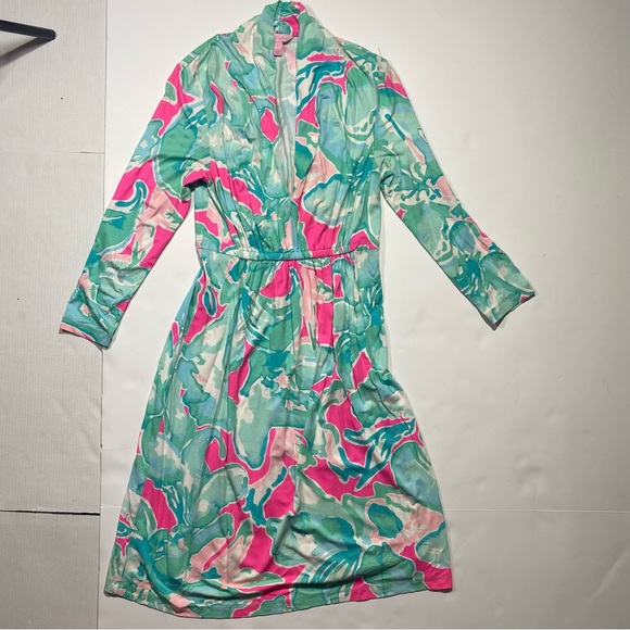 Lilly Pulitzer Hot Pink &Blue Print Chine Rayon 3/4 Sleeve Pleated Front Dress S - Picture 3 of 16